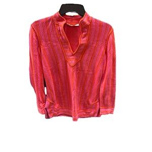 Tory Burch Women's Long Sleeve Stripes Notch Neckline Poppy Red Gina Tunic Small